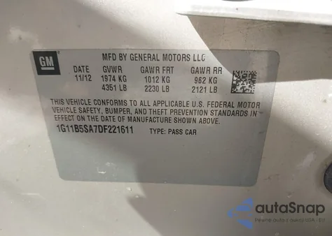 2013 Chevrolet Malibu 1Ls z USA, uszkodzony, nr VIN 1G11B5SA7DF221611